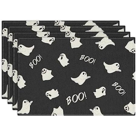Halloween Bordskånere Sæt af 4, 12x18 Tommer Sjove Spøgelses Bordskånere, Skridsikker og Vaskbar Linned Bordskånere til Hjemmefest Dekoration