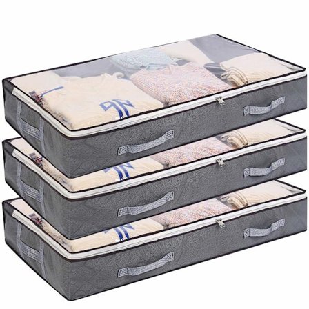3 Pak Underbed Opbevaringsposer 75L Foldbar Tøjpose Stor Kapacitet Beholdere med Klar Vindue Forstærkede Håndtag Lynlås Organizer Non-Woven