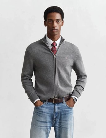 GANT Casual Cotton Zip Cardigan - Grey - XXL