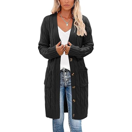 Dame Langærmet Kabelstrikket Lang Cardigan Åben Foran Knappet Trøje Yderbeklædning