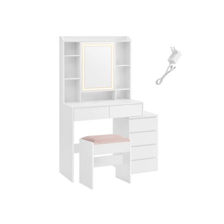 Rootz Toiletbordssæt - Sminkebord - Makeup skrivebord - Spånplade - Cloud White - 40 cm x 97,5 cm x 145 cm - Taburet - 45 cm x 28,6 cm x 45,5 cm