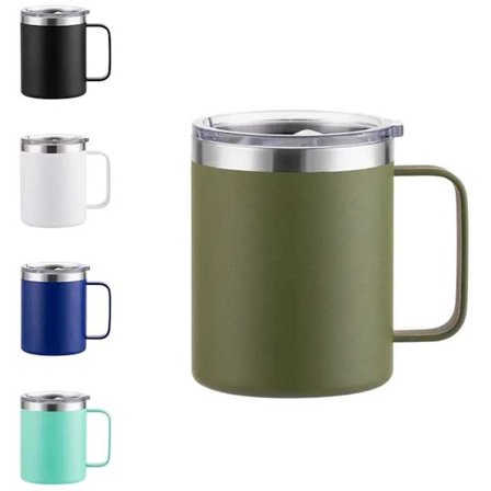 Termokopp, kaffekopp for reise, 35 cl rustfritt stål isolert kaffekopp med håndtak, dobbeltvegget vakuum reisekopp, kopp med skyvelokk, militærgrønn