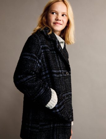 Mango Checked Wool-Blend Coat - Navy - 122