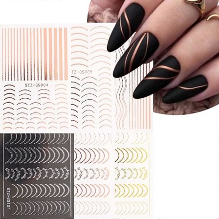 3D Guld Linje Neglekunst Klistermærker 6 Ark Rosaguld Sølv Metalliske Negle Klistermærker til Kvinder Kurve Bølge Hvirvler Selvklæbende Negle Decals 