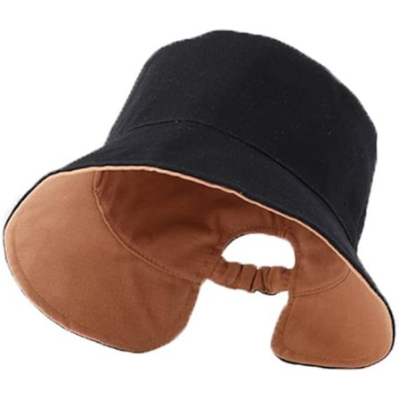 Hestehale Solhatt for Kvinner Reversibel Bucket Hat UV-Beskyttelse Foldbar Bredbremmet Strandhatt, svart
