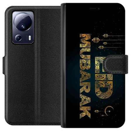 Kompatibel Tegnebogsetui til Xiaomi 13 Lite Gyldent Ramadan-motiv med dekorativ typografi, lanterner, halvmåne og stjerner på en mørk baggrund