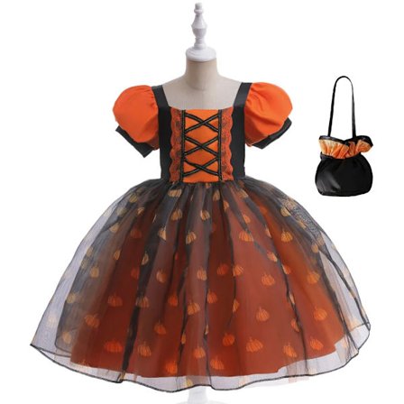 Jente Gresskar Trykk Heks Prinsesse Kjole Halloween Kostyme Fest Ytelse Klær S02