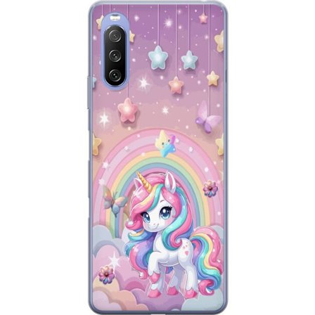 Yhteensopiva Puhelinkuori Sony Xperia 10 III Lite Maaginen yksisarvinen, jolla on sateenkaarimane, tähtiä ja perhosia vasten pastellinväristä taivasta