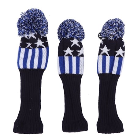 Golfkølle Ullgarn Strikket Trekk for Tre Golfkøllehodebeskyttelse Nr. 1/3/5 3 Trekk i 1 Sett Blå og Hvit