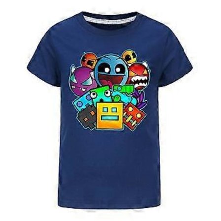 Geometry Dash Trykt Børne T-shirt Gaming Fans Drenge Piger Cool Kortærmet Tee Tops (13-14 År Blå)