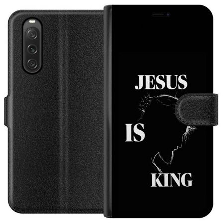 Yhteensopiva Lompakkokotelo Sony Xperia 10 V Värikkäitä kawaii-hahmoja pinottuna pystysuunnassa violetilla taustalla, pehmeillä muodoilla ja leikkisäl