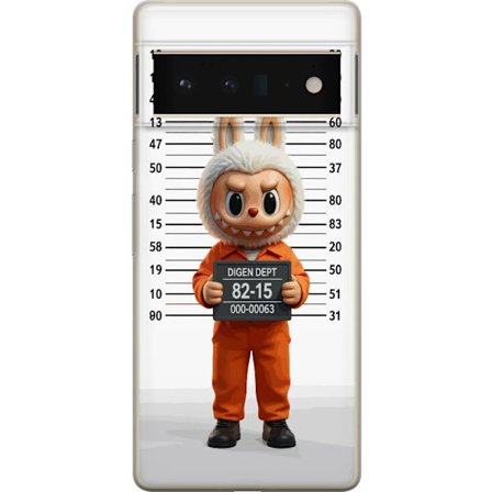 Kompatibelt Mobildeksel til Google Google Pixel 6 Pro Søt tegnet kaninfigur i fengselsklær med fangenummer mot bakgrunn med lengdemåling