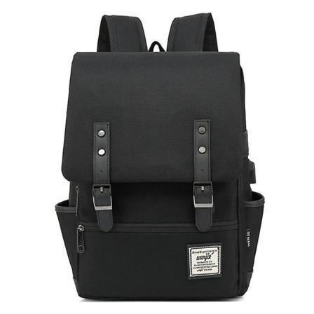 Retro Nylon Oxford Cloth Ryggsäck Laptop Kläder Dubbla Axlar Väska med USB Laddningsport Black Zipper Full Black