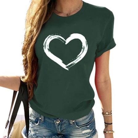 Kvinnor Heart Print Color Block Crew Neck Kortärmad Skjorta