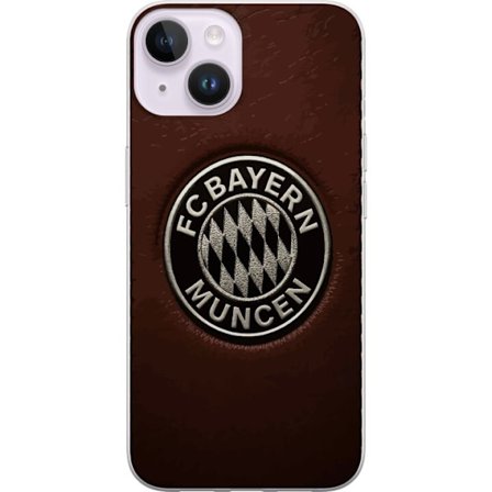 Kompatibel Mobilcover til Apple iPhone 15 Plus FC Bayern München emblem på brun læderbaggrund klassisk fodboldmotiv perfekt til fans af tysk fodbold o