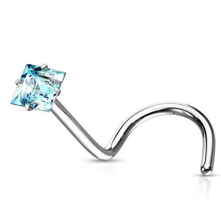 1 St Skruvbar näspiercing i IP 316L stål med 2, 5 fyrkantigt CZ 5 Stål / Aquamarin CZ