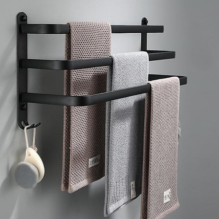 Ingen boring 3-etagers håndklædestang i rustfrit stål håndklædestangsholder til badeværelse køkken og toilet sort