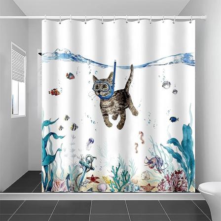 Søt katt dykkedusjforheng 180x180cm Havdyrtrykk Badeforheng Vanntett Vaskbar Polyester Badtilbehør Med 12 Kroker, blå