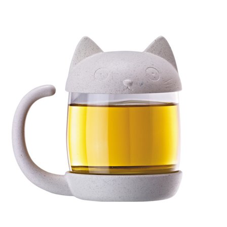 UneMug 250ML Teekopp i Kattform av Glas med Teinfuser i Fiskform