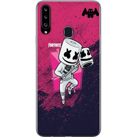 Kompatibel Mobilcover til Samsung Galaxy A20s Fortnite Marshmello karakter hvid dragt lyserød baggrund Fortnite DJ gaming design populær stil