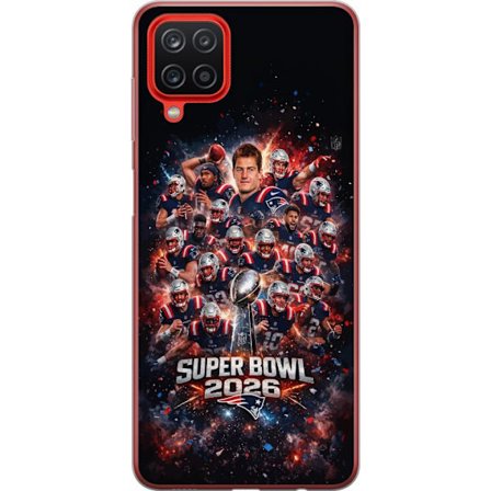 Yhteensopiva Puhelinkuori Samsung Galaxy A12 Super Bowl 2026 juliste, jossa New England Patriots ja NFL-mestaruuspalkinto räjähtävän urheilullisessa s