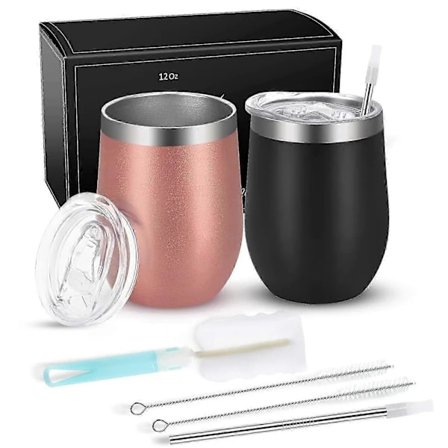 2-pakning rustfrie vinglass uten stett med lokk - isolerte og gjenbrukbare