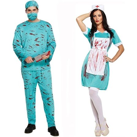 Par kostume: Blodig Kirurg og Blodig Sygeplejerske - Luksuriøst Kostume til Dobbelt Doktor og Sygeplejerske - Halloween-kostume til Mænd og Kvinder