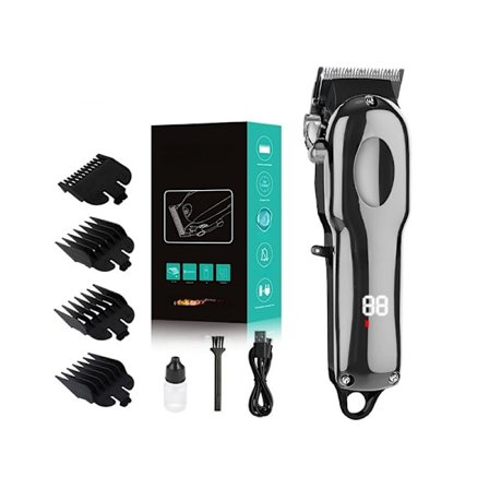 Professionel Elektrisk Hårklipper med LED Display - Trådløs Hårtrimmer til Hjemmebrug, Sølvfarvet
