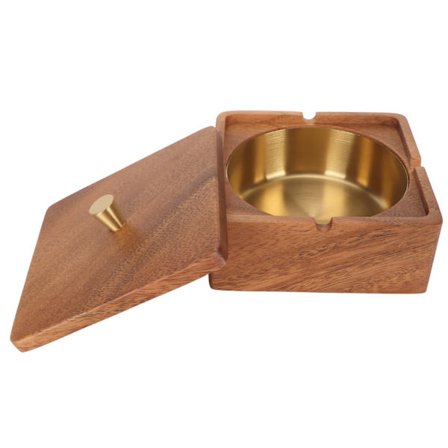 Valnød askebæger til stuen med låg, anti-flyveaske, kreativt kontor, sort valnød massivt træ askebæger guld