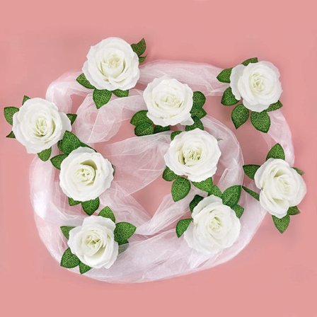 Valkoinen - 1 kpl hääauton koristelu, tekokukat, nauha