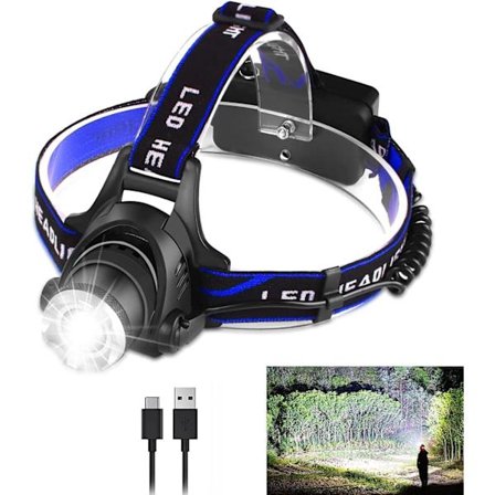 LED-otsalamppu, USB-ladattava, erittäin kirkas 8000 lumenin otsalamppu 3 tilalla, zoomattava, vedenpitävä otsavalo retkeilyyn, metsästykseen, juoksuun