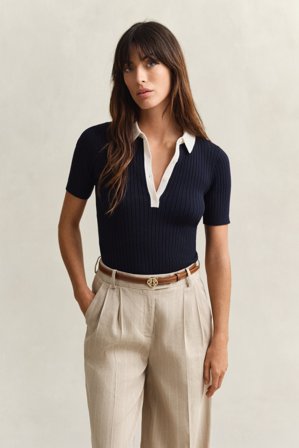 GANT Damen Gerippter Kurzarm-Rugger (L) Marineblau