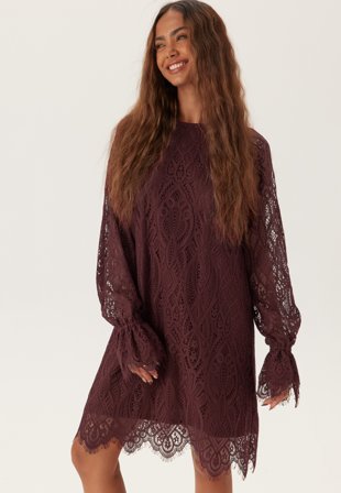 Bubbleroom - Lace Bow Dress - Burgundy - Kläder