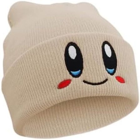 Håndlaget - Kirby Beanie Voksenstørrelse Anime Hatt Tilbehør Kawaii, med stilig brodert mønster, Medium Beige