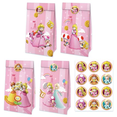 12 stk. Princess Peach Papir Godtepose & 12 Klistremerker Gavepose Barnebursdagsdekorasjoner