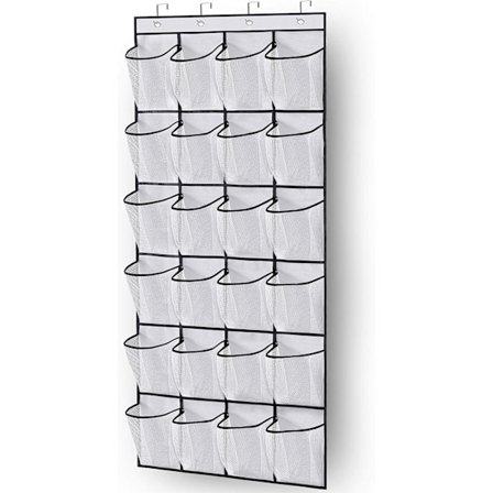 Hængende skohylde over døren, skoopbevaringsorganisator, holder med 24 store netlommer og bøjle (hvid)