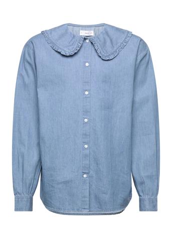 Babydoll Blouse With Denim Neck Tops Shirts Long-sleeved Shirts Blue Mango
