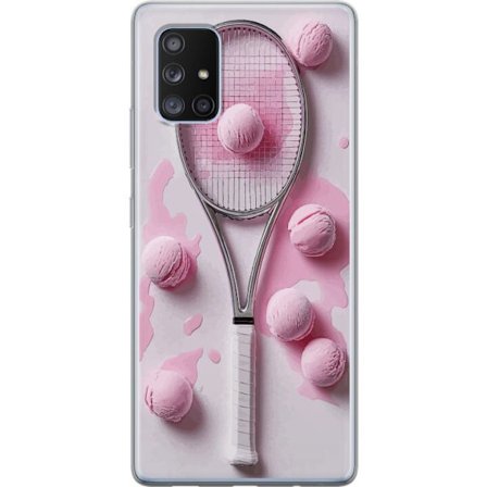 Kompatibel Mobilcover til Samsung Samsung Galaxy A71 5G Rosa glaskugler og tennisketsjer i et kreativt stillbillede med legende popfølelse og moderne