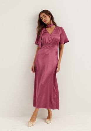 BUBBLEROOM - Satin Scarf Maxi Dress - Dark pink