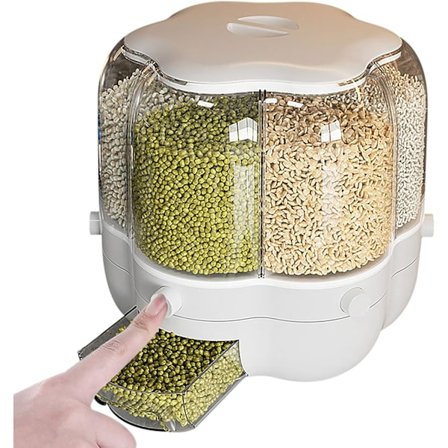 6-osainen pyörivä ruoka-annostelija, pyöreä, suljettu viljasäiliö, kuivien elintarvikkeiden ja hedelmien säilytyslaatikko kotiin ja keittiöön (