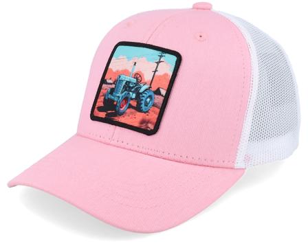 Kids Tractor And Clouds Patch Pink/White Trucker - Kiddo Cap