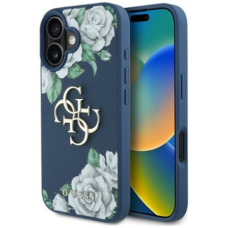 Guess Grained Roses Big 4G-logoetui for iPhone 16 - blå