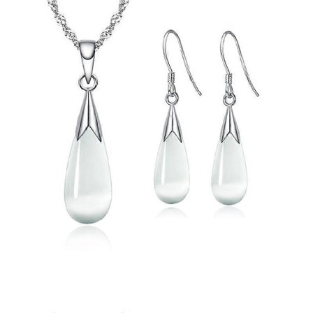 Rent 925 Sterlingsilver Smyckesset Vit Rosa Kattöga Sten Opal Hänge Halsband/Örhängen Kedja för Kvinnor (LGL)