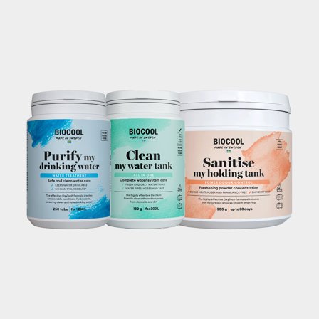 Cleaning kit for drinking water, tank & toilet BioCool, 180 grams powder (water tank), 500 grams powder (holding tank), 250 tablets (drinking water)