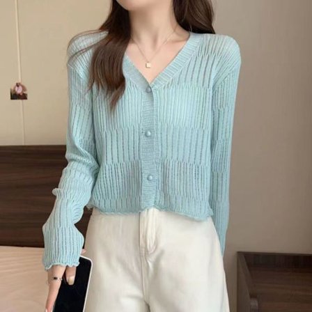 V-ringad Stickad Cardigan Tunn Cardigan Coat BLÅ