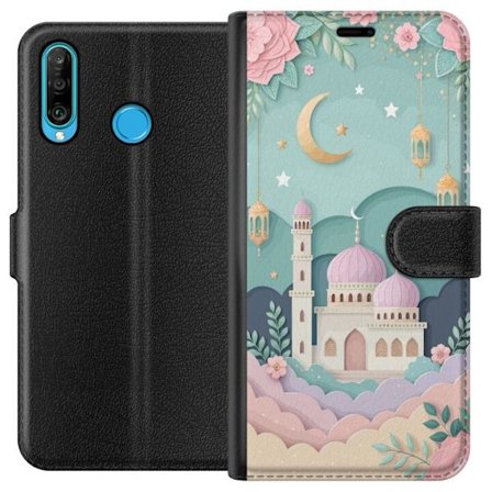 Kompatibel Tegnebogsetui til Huawei P30 lite Håndtegnet rejseinspireret mønster med verdenskort, fly, hjerter og vintage eventyrstema