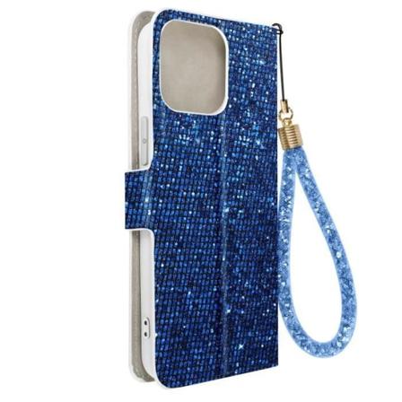 iPhone 15 Pro Max Cover Glitter Disco Wallet Stand Video Blue Blå