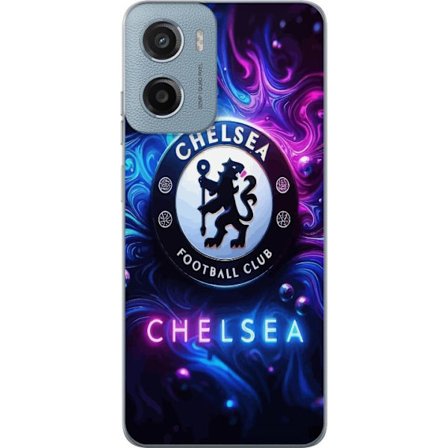 Kompatibel Mobilcover til Motorola Moto E15 Chelsea Football Club logo med blåt og lilla neonlignende røg mønster i baggrunden