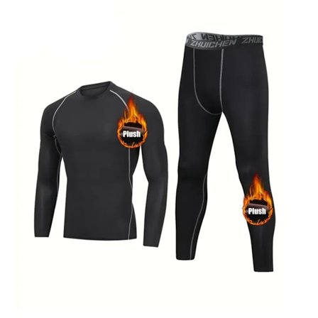 Miesten lämpökerrasto, fleecevuorattu, harmaat tikkaukset, kaksiosainen setti (pitkähihainen paita + housut)