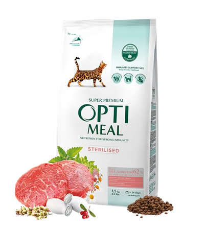Optimeal - Complete dry pet food for sterilised cats - high in beef and sorghum 1,5 kg - Katt - Kattefôr & kattemat - Tørrfôr for katt - ZOO.no